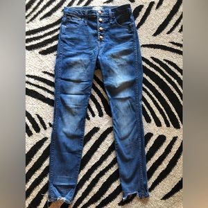 Madewell. Button Fly High Rise Skinny Jeans with distressed ankle hem. Size 27.